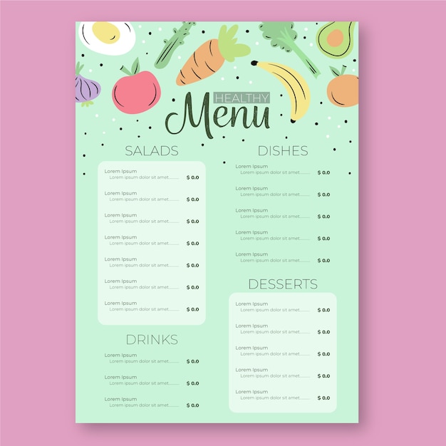 Vecteur gratuit modèle de menu de restaurant de nourriture saine colorée