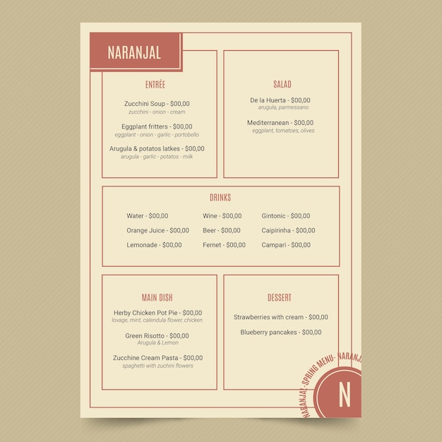 Vecteur gratuit modèle de menu de restaurant de nourriture saine vintage