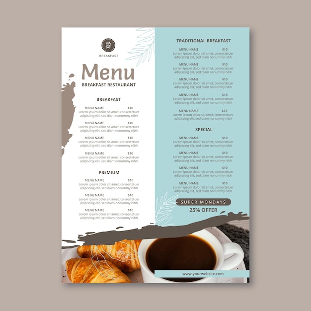 Vecteur gratuit modèle de menu de restaurant de petit déjeuner