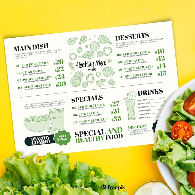 Vecteur gratuit modèle de menu de restaurant avec photo