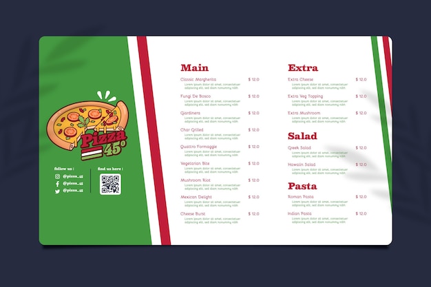 Vecteur gratuit modèle de menu de restaurant de pizza