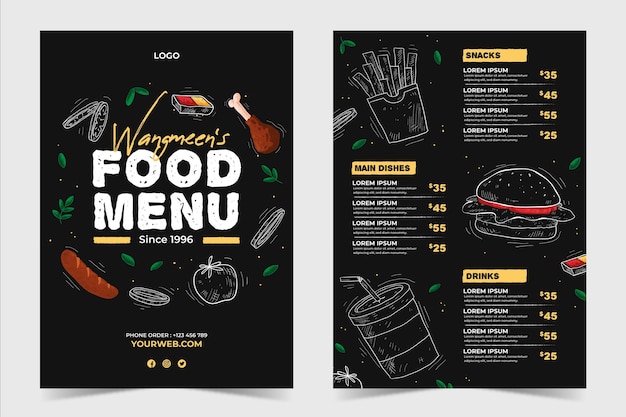 Vecteur gratuit modèle de menu de restaurant de restaurant avant et arrière