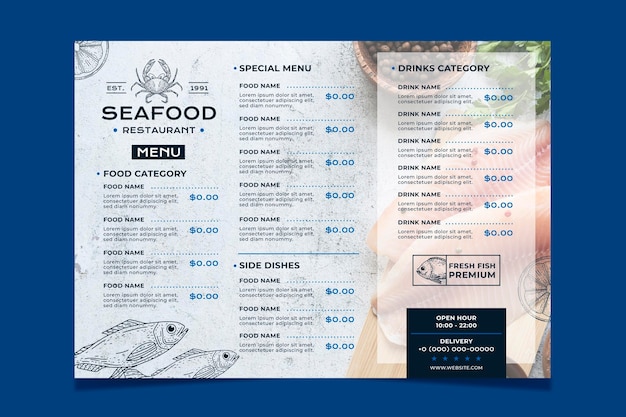 Modèle de menu de restaurant rustique dessiné à la main de gravure avec photo
