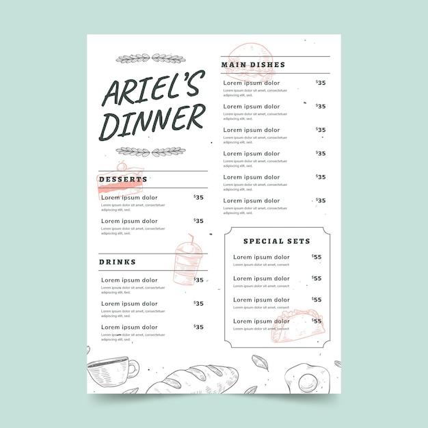Vecteur gratuit modèle de menu de restaurant rustique dessiné à la main de gravure