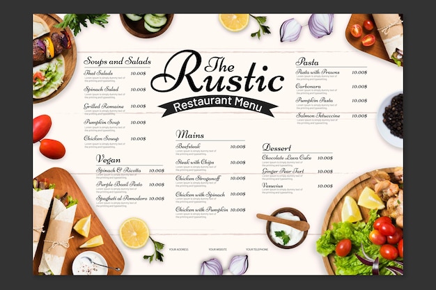 Vecteur gratuit modèle de menu de restaurant rustique plat biologique avec photo