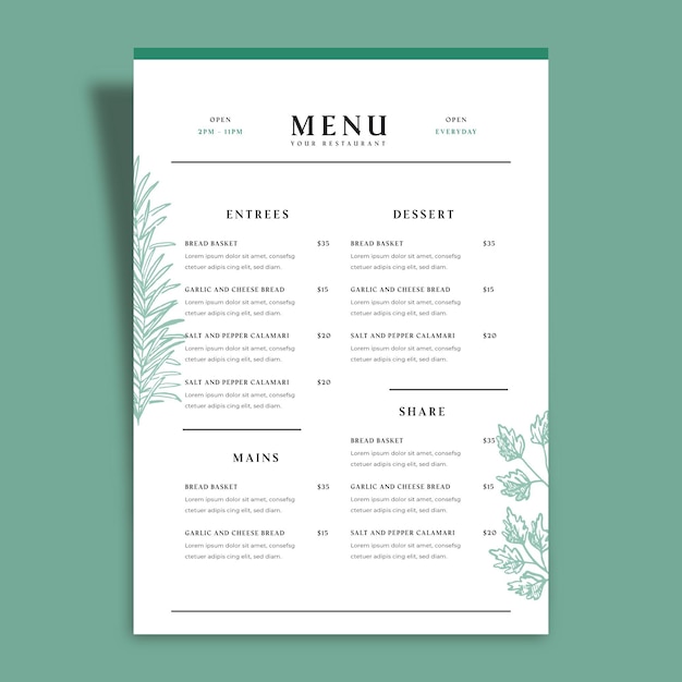 Vecteur gratuit modèle de menu de restaurant