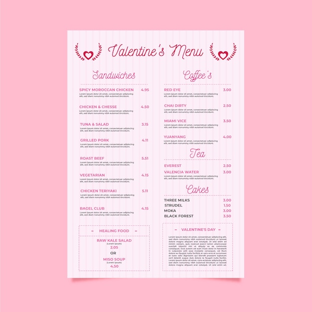 Modèle de menu Saint Valentin design plat