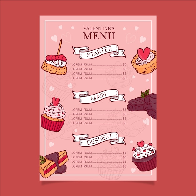 Vecteur gratuit modèle de menu saint valentin dessiné à la main