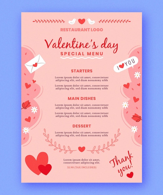 Vecteur gratuit modèle de menu de la saint-valentin dessiné à la main