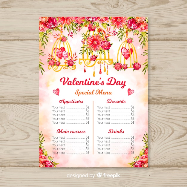 Vecteur gratuit modèle de menu saint valentin fleur aquarelle