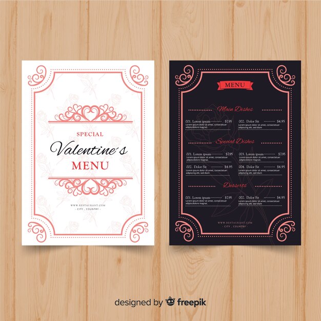 Vecteur gratuit modèle de menu de saint valentin ornemental