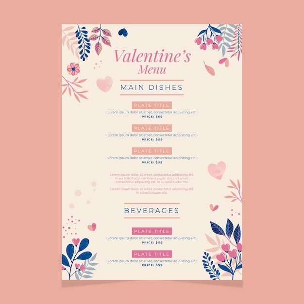 Vecteur gratuit modèle de menu de la saint-valentin