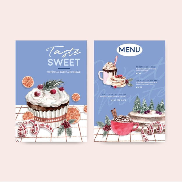 Modèle De Menu Serti De Bonbons D'hiver Dans Un Style Aquarelle