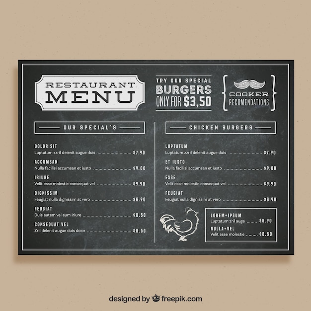 Vecteur gratuit modèle de menu de style tableau noir pour un restaurant