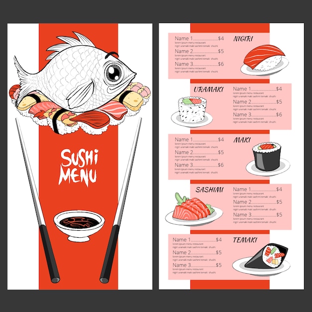 Vecteur gratuit modèle de menu de sushi japonais traditionnel