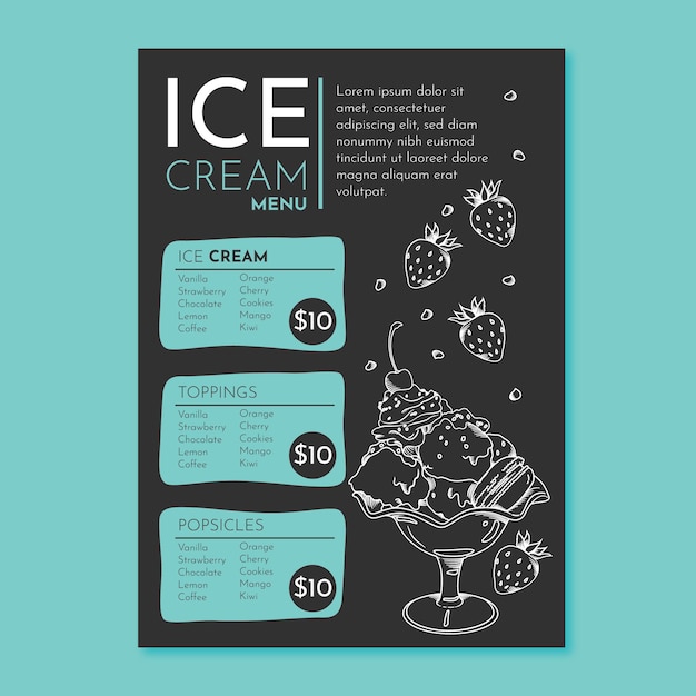 Vecteur gratuit modèle de menu de tableau de crème glacée dessiné à la main