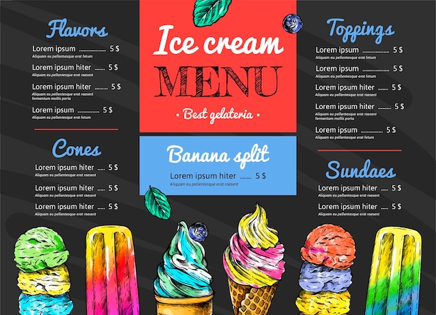 Vecteur gratuit modèle de menu de tableau de crème glacée dessiné à la main