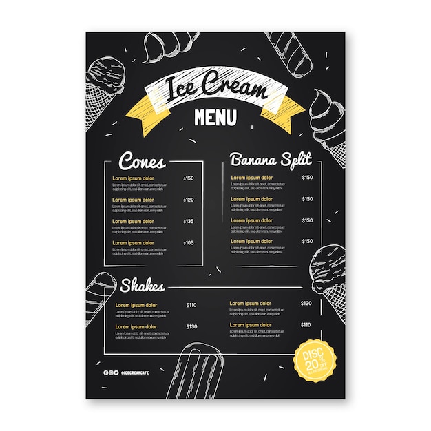 Modèle De Menu De Tableau Noir De Crème Glacée Dessiné à La Main De Gravure