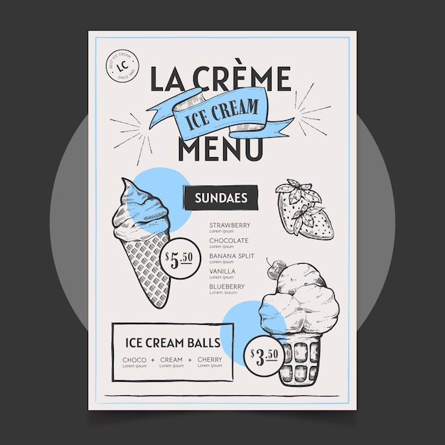 Vecteur gratuit modèle de menu de tableau noir de crème glacée dessiné à la main