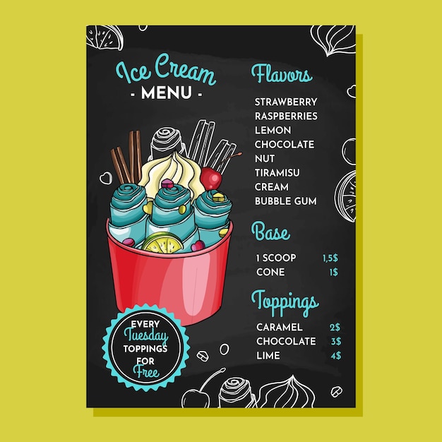 Vecteur gratuit modèle de menu de tableau noir de crème glacée dessiné à la main