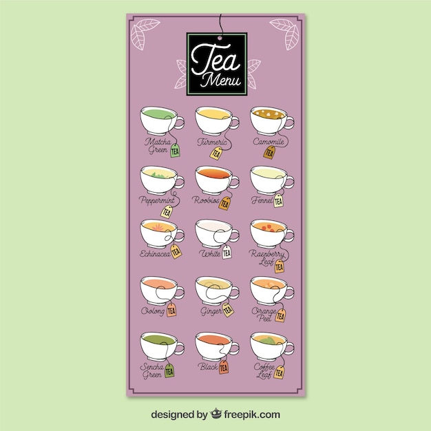 Vecteur gratuit modèle de menu de thé avec différentes saveurs