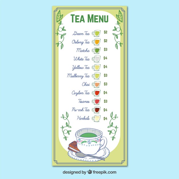 Modèle de menu de thé avec différents types de thé