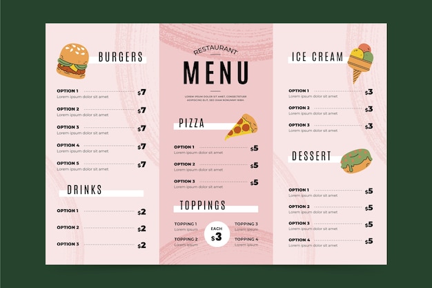 Vecteur gratuit modèle de menu à trois volets dessiné à la main