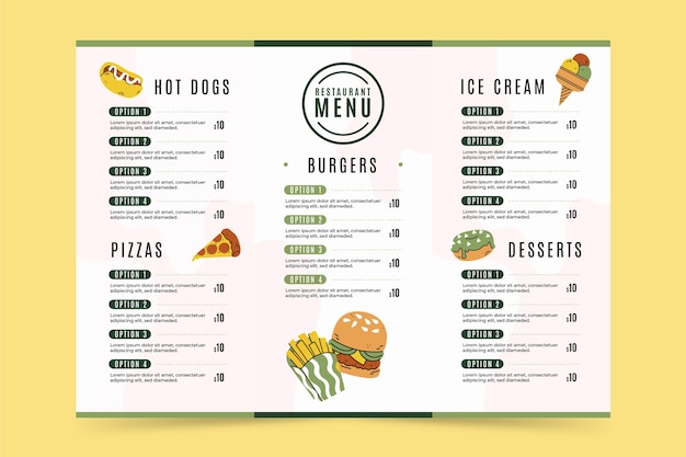 Vecteur gratuit modèle de menu à trois volets dessiné à la main