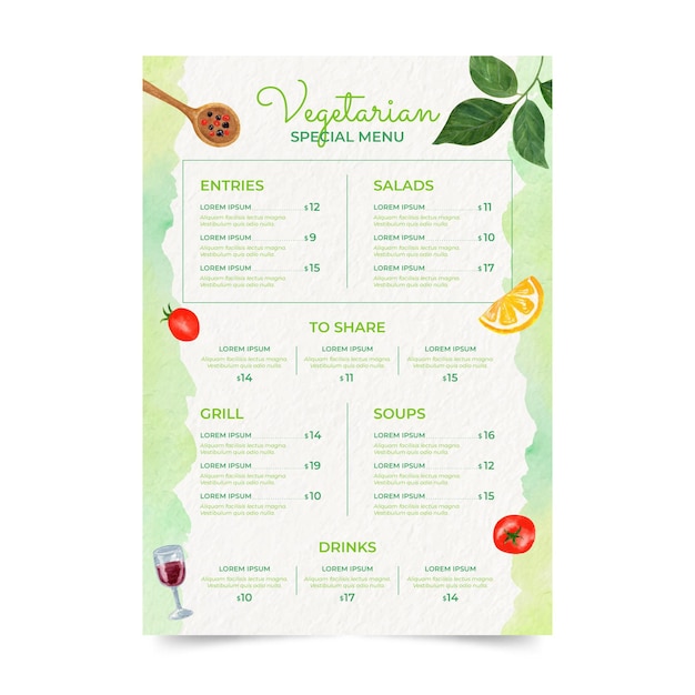 Vecteur gratuit modèle de menu végétarien aquarelle