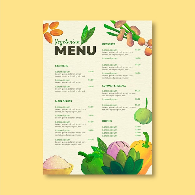 Vecteur gratuit modèle de menu végétarien de style aquarelle