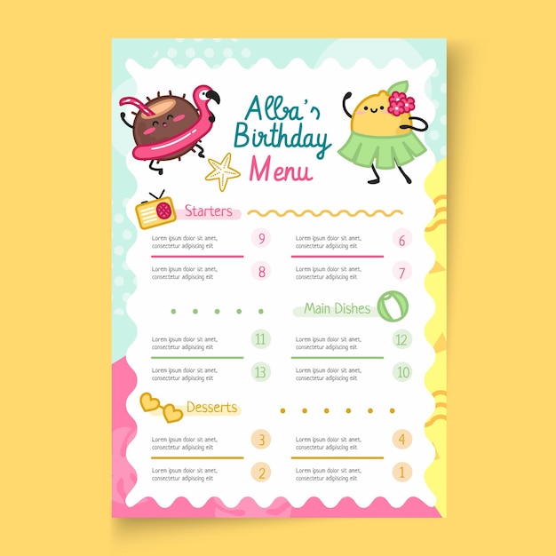 Modèle De Menu Vertical D'anniversaire Pour Enfants