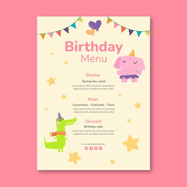 Vecteur gratuit modèle de menu vertical anniversaire pour enfants