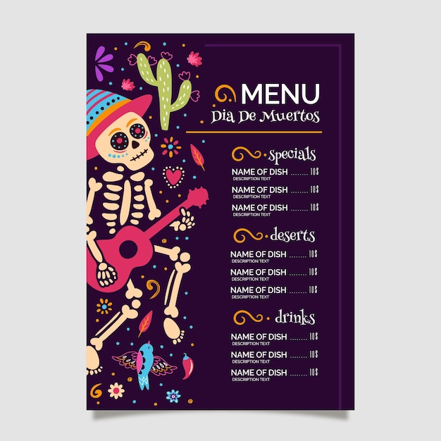 Modèle De Menu Vertical Dia De Muertos Plat Dessiné à La Main