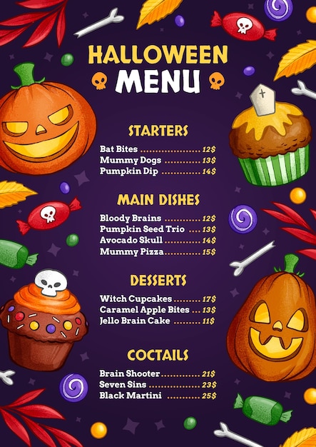 Modèle De Menu Vertical Halloween Dessiné à La Main