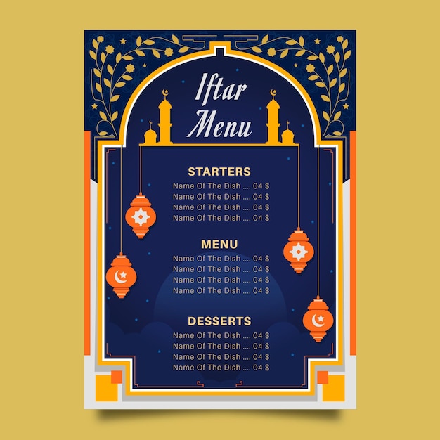 Vecteur gratuit modèle de menu vertical iftar plat