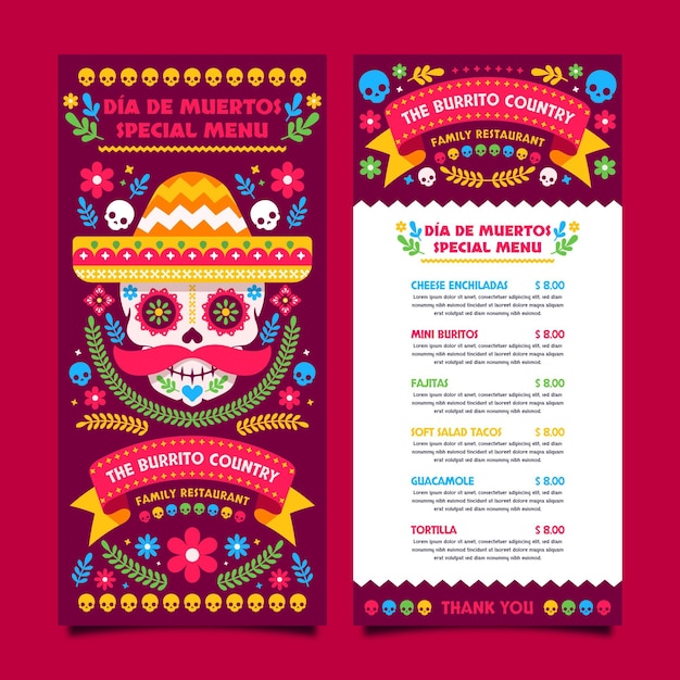 Vecteur gratuit modèle de menu vertical plat dia de muertos