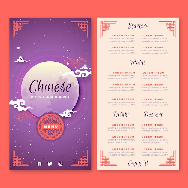 Vecteur gratuit modèle de menu vertical pour restaurant chinois avec lune