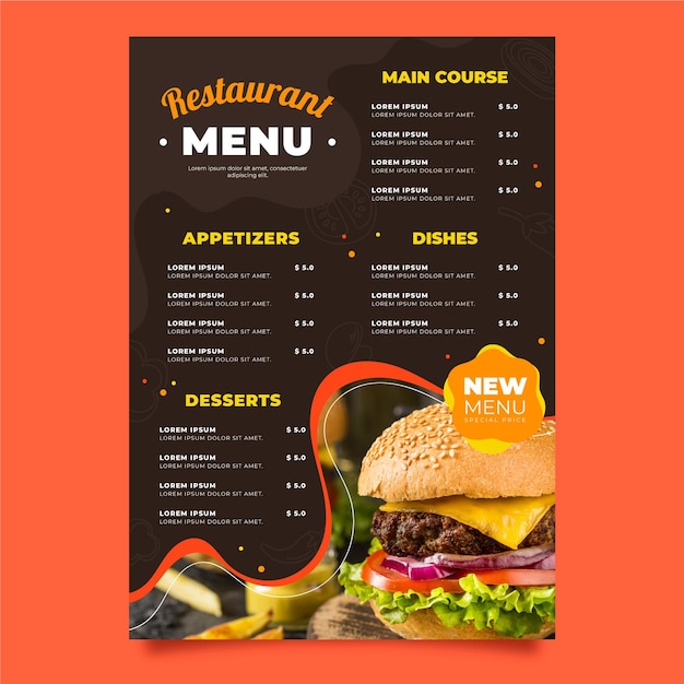 Vecteur gratuit modèle de menu vertical de restaurant rustique plat bio avec photo