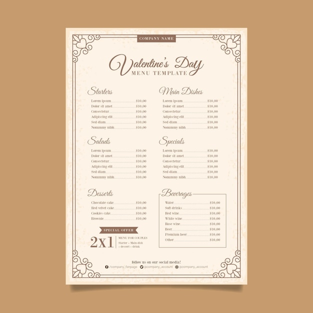 Modèle De Menu Vintage Valentines Day