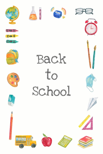 Vecteur gratuit modèle modifiable de papeterie scolaire à l'aquarelle de retour à l'affiche de l'école