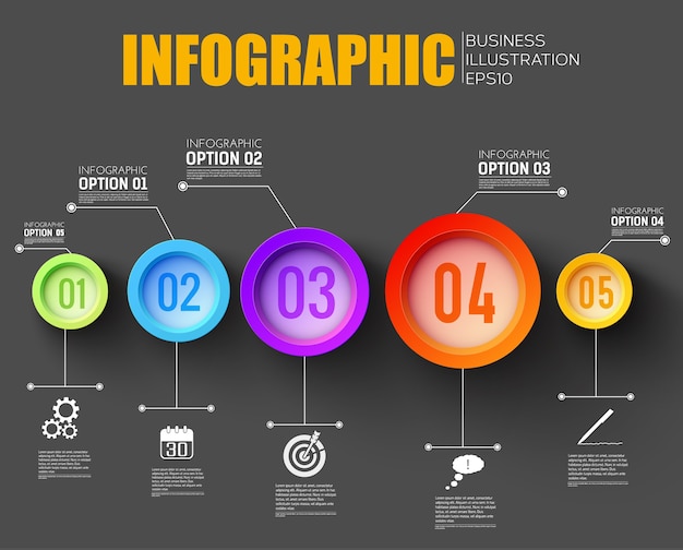 Vecteur gratuit modèle noir infographie entreprise avec icônes et cinq boutons pressés ronds multicolores à plat