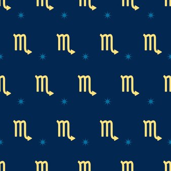 Modèle d'or sans couture du zodiaque. répétition du signe du scorpion avec des étoiles sur fond bleu. symbole de l'horoscope vectoriel