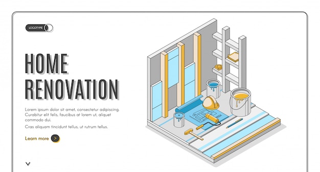 Vecteur gratuit modèle de page d'atterrissage isométrique ou de bannière de service de réparation de rénovation domiciliaire