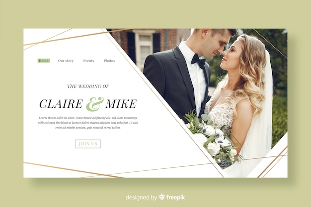 Vecteur gratuit modèle de page d'atterrissage de mariage magnifique avec photo