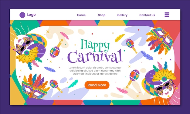 Vecteur gratuit modèle de page d'atterrissage pour la célébration de la fête du carnaval