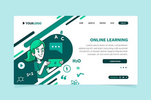 Modèle de page de destination d'apprentissage en ligne dessiné à la main