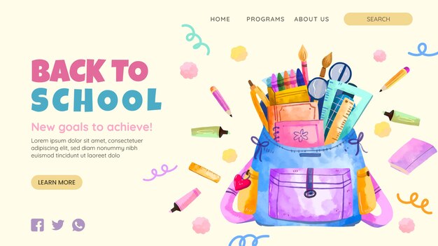 Modèle de page de destination aquarelle pour la rentrée scolaire