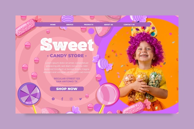 Vecteur gratuit modèle de page de destination candy avec enfant