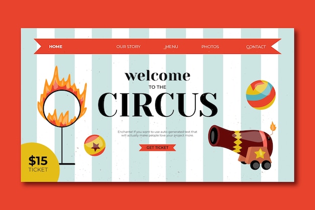 Vecteur gratuit modèle de page de destination de cirque de dessin animé plat