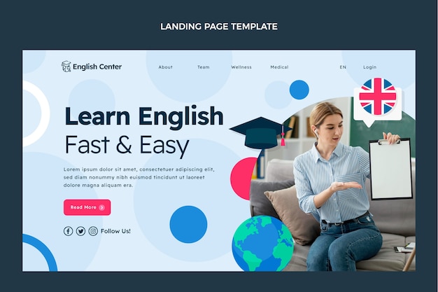 Vecteur gratuit modèle de page de destination de cours d'anglais plat